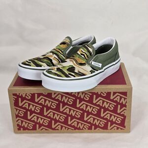 Vans Classic Slip-On Shoes Youth Size 12 Painted Camo Green Multi Kids